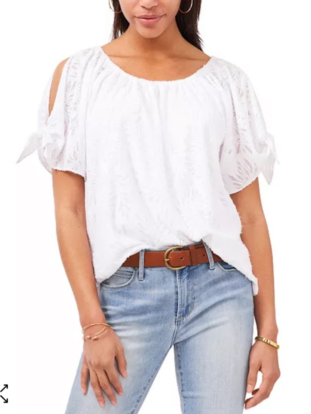 Vince Camuto White Floral Burnout Cold-Shoulder Tie Sleeve Top